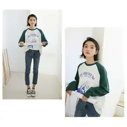 2019秋季韩版简约ins港风宽松拼色插肩袖奖杯印花圆领长袖t恤女llc118372