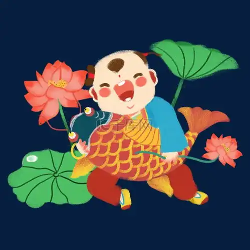 春节卡通手绘q版民间习俗年画小孩抱锦鲤素材图片免费下载千库网