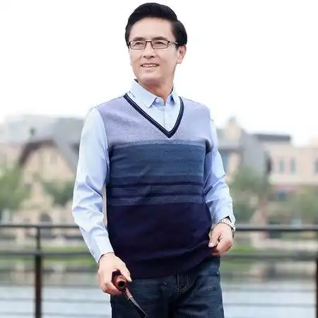 洋湖轩榭爸爸装秋季假两件宽松衬衫领毛衣男士薄款条纹中老年男装长袖t恤a