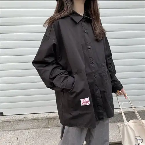 春秋韩版ins港风复古纯色外套上衣休闲衬衣学生宽松长袖衬衫女潮