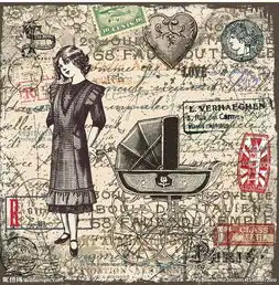 高清复古时尚小女孩婴儿车装饰画图片