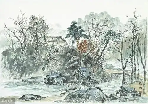 王万兵工作室书画交流中心山水画房屋后面宜画大树,有背靠大树好乘凉