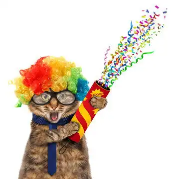 点击来源直接获取大图文件有趣的猫正穿着小丑服装并拿着爆竹摄影搞笑猫猫高清大图