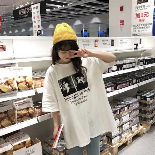短袖女学生韩版宽松社会衣服原宿风bf半袖t恤潮百搭ins港风上衣夏