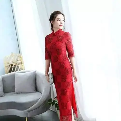 优雅红石榴蕾丝旗袍,复古韵味儿,名媛气质,女性衣橱必备之选女子