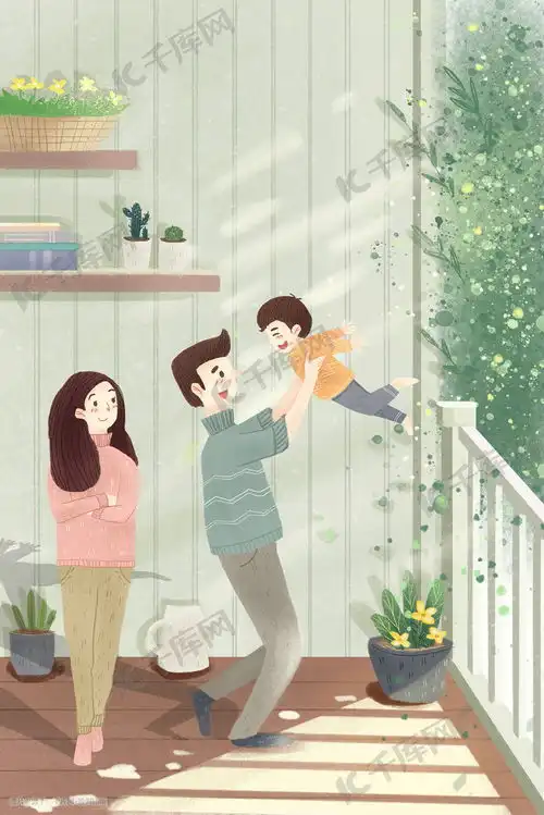 妈妈爸爸带孩子飞高高温馨一家人手绘小清新插画图片千库网