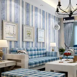 雁归来墙纸地中海风格现代简约客厅壁纸温馨卧室竖条纹蓝色