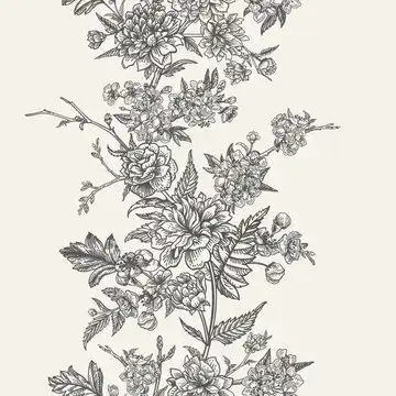 图源免费eps带有樱花和克里花的无缝边框花园树木的开花树枝复古花卉图案黑白风格元素花卉边框与装饰元素矢量素材