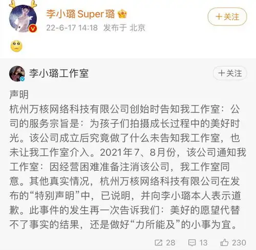 李小璐与贾乃亮一样,同为偷税被罚公司股东引关注,她发声明卖惨