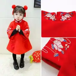 小城唐风女童旗袍连衣裙拜年服秋冬复古唐装加厚呢子汉服裙子女宝宝新年装蜜芽