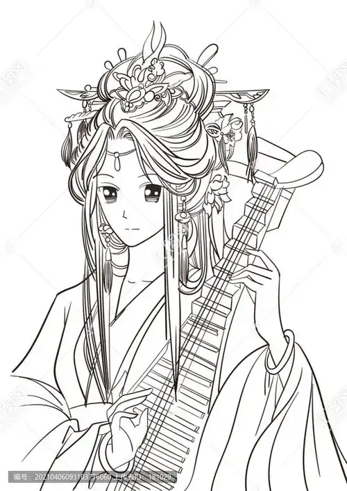 古风美女线描唯美女孩线稿头饰