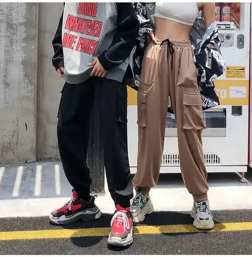 港风收口弹力chic显瘦纯色宽松运动休闲裤情侣款oldschool工装裤