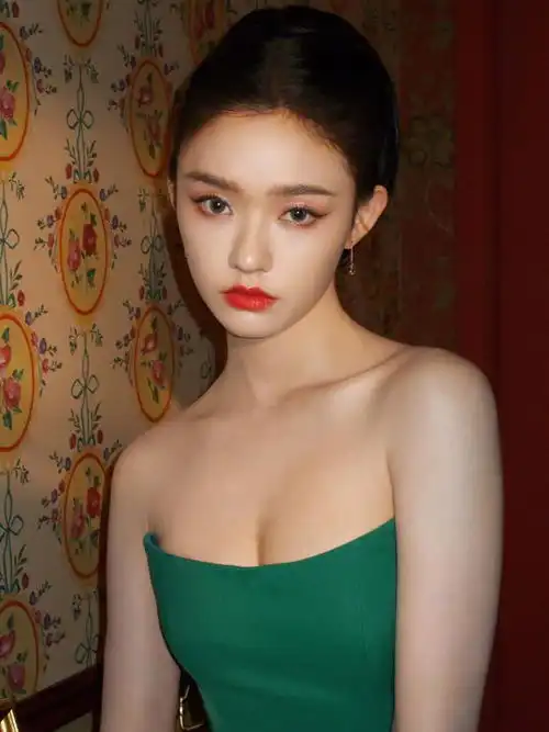 林允这样穿显成熟韵味,一袭墨绿色抹胸长裙,红唇点缀复古大气