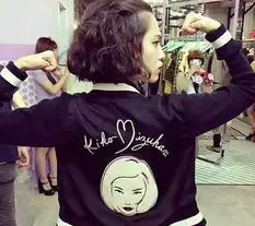 2013原宿风字母人头像背后背后水原希子头像缎面拼棉袖棒球服