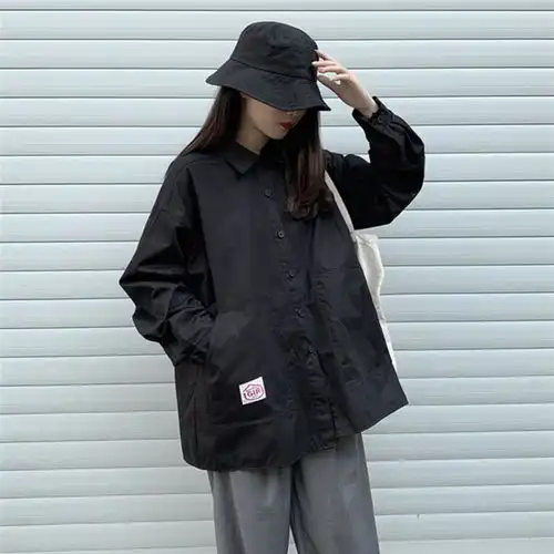 春秋韩版ins港风复古纯色外套上衣休闲衬衣学生宽松长袖衬衫女潮
