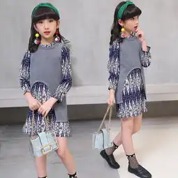 新童装女童2017春季新款小女孩复古印花连衣裙两件套中大童印花裙