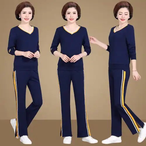 洋湖轩榭中年妈妈秋装2021新款上衣中老年运动套装女春秋洋气阔腿裤两件套