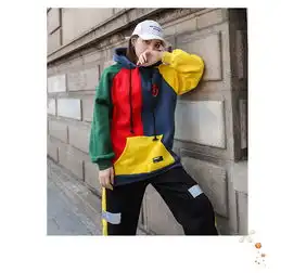 施悦名加绒加厚韩版秋冬季拼色连帽气质卫衣女嘻哈套装休闲长裤两件套潮a