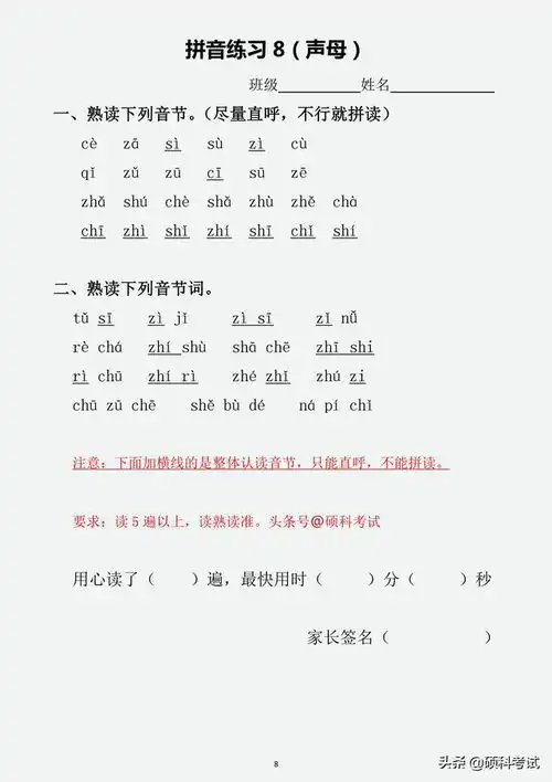 一年级汉语拼音声母韵母整体认读音节声调专项练习