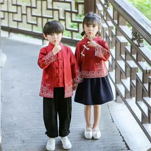 儿童汉服男童秋季套装秋季小女孩中国风男童古装复古新款男孩唐装