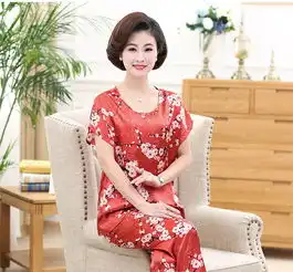 中老年女装夏装两件套装透气印花妈妈装透气清凉百搭rkq