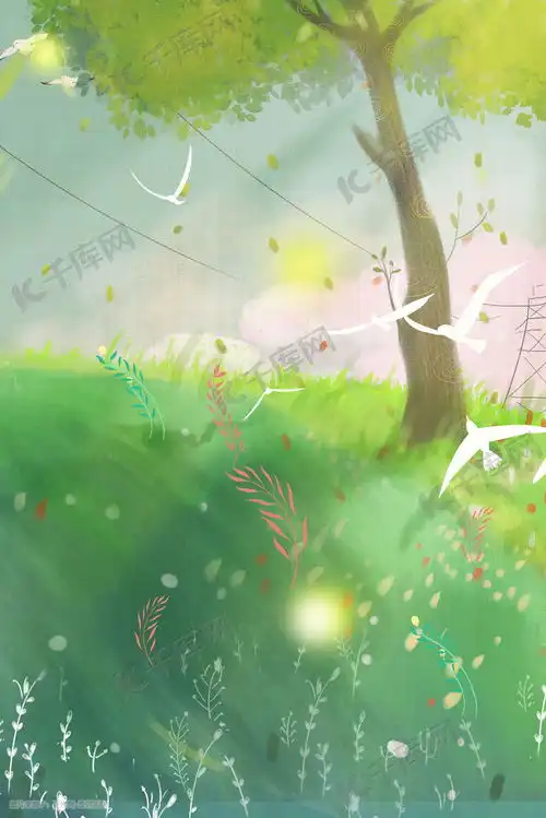 唯美绿色夏天治愈小清新草地树木手绘插画图片千库网