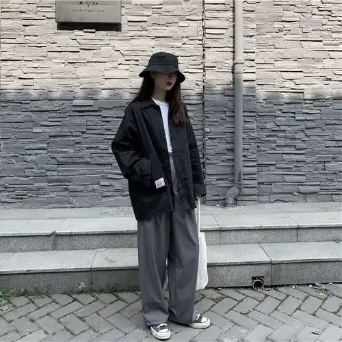春秋韩版ins港风复古纯色外套上衣休闲衬衣学生宽松长袖衬衫女潮