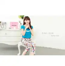 2014夏装新款职业女裤套装韩版修身短袖雪纺衫印花七分裤两件套装