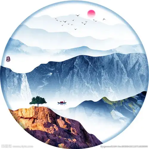 圆形山水新中式水墨山水画图片