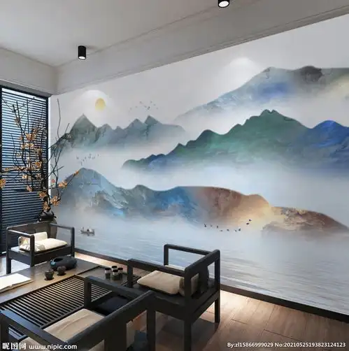 新中式抽象水墨山水背景墙图片
