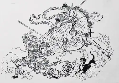 这幅图中拥有坐骑的二郎神打得孙悟空只有招架之功毫无还手之力