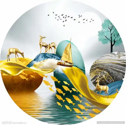 金色麋鹿山水圆形玄关设计图3d作品3d设计