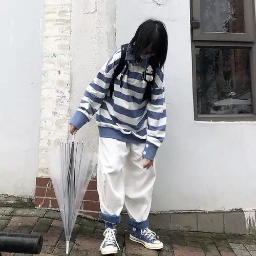 春季套装女学生韩版宽松polo领条纹卫衣工装裤原宿风港风两件套
