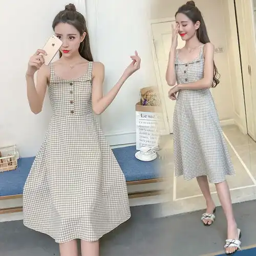 2019新款chic复古格子吊带裙女夏韩版小清新中长款高腰显瘦连衣裙