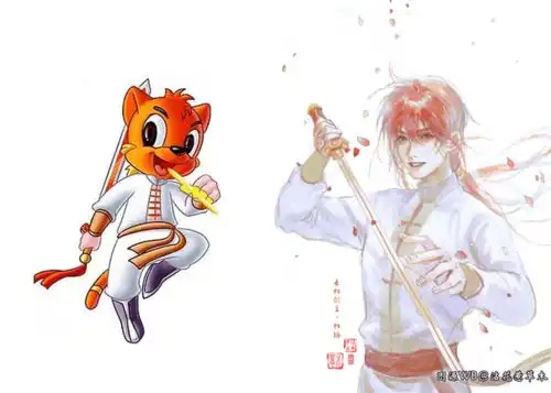 古风的虹猫蓝兔拟人化,大奔潇洒帅气,蓝兔是长发仙女