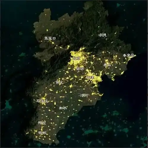 京津冀夜景灯光图,天津相当于2个石家庄