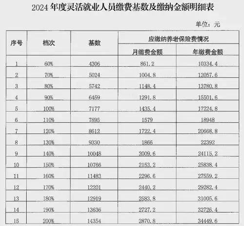 云南省2024年度灵活就业人员养老保险缴纳金额明细公布最低