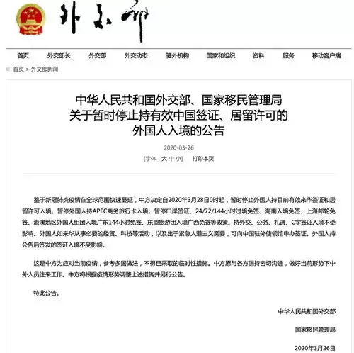3月28日0时起,中国暂停外国人持目前有效来华签证和居留许可入境