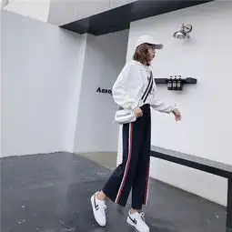 zc针织阔腿裤女秋2018新款高腰宽松韩版双杠校服运动裤直筒ins港风