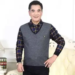 瑶行男款假两件加绒衬衣毛坎肩760076077671冬季中年男士加厚保暖爸爸装中老年毛衣
