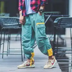 新款工装休闲裤男纯色嘻哈潮牌宽松小脚松脚裤2052k33p75