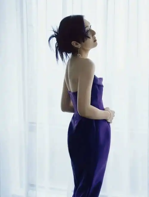杨千嬅出席央视财经晚会紫色抹胸造型温婉大气
