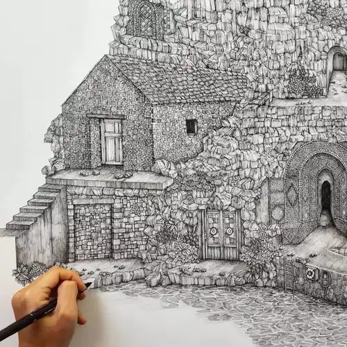 在纸上手绘壮观的幻想建筑图景,
