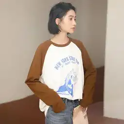 2019秋季韩版简约ins港风宽松拼色插肩袖奖杯印花圆领长袖t恤女llc118372