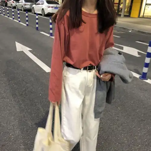 春秋季薄款上衣纯色打底衫长袖t恤女学生韩版宽松原宿风外穿秋衣
